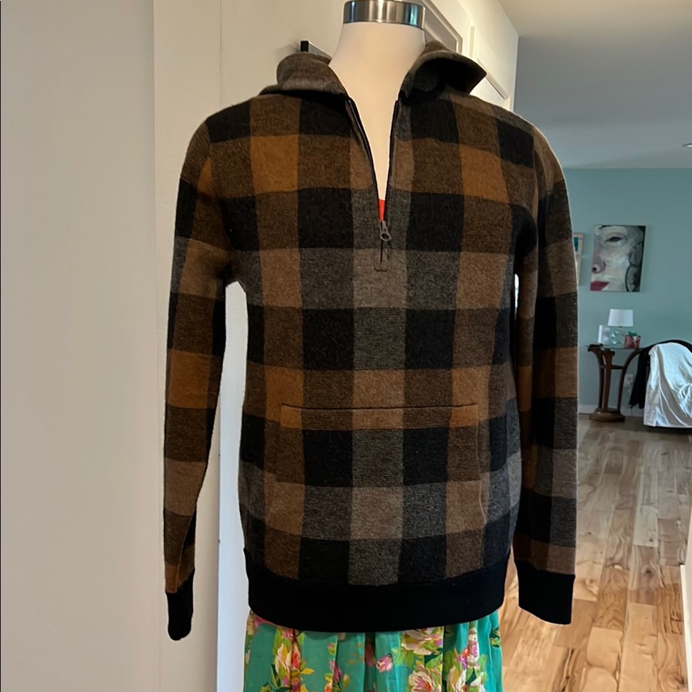Black and Brown Zip Up Sweater with Buffalo Check Pattern
